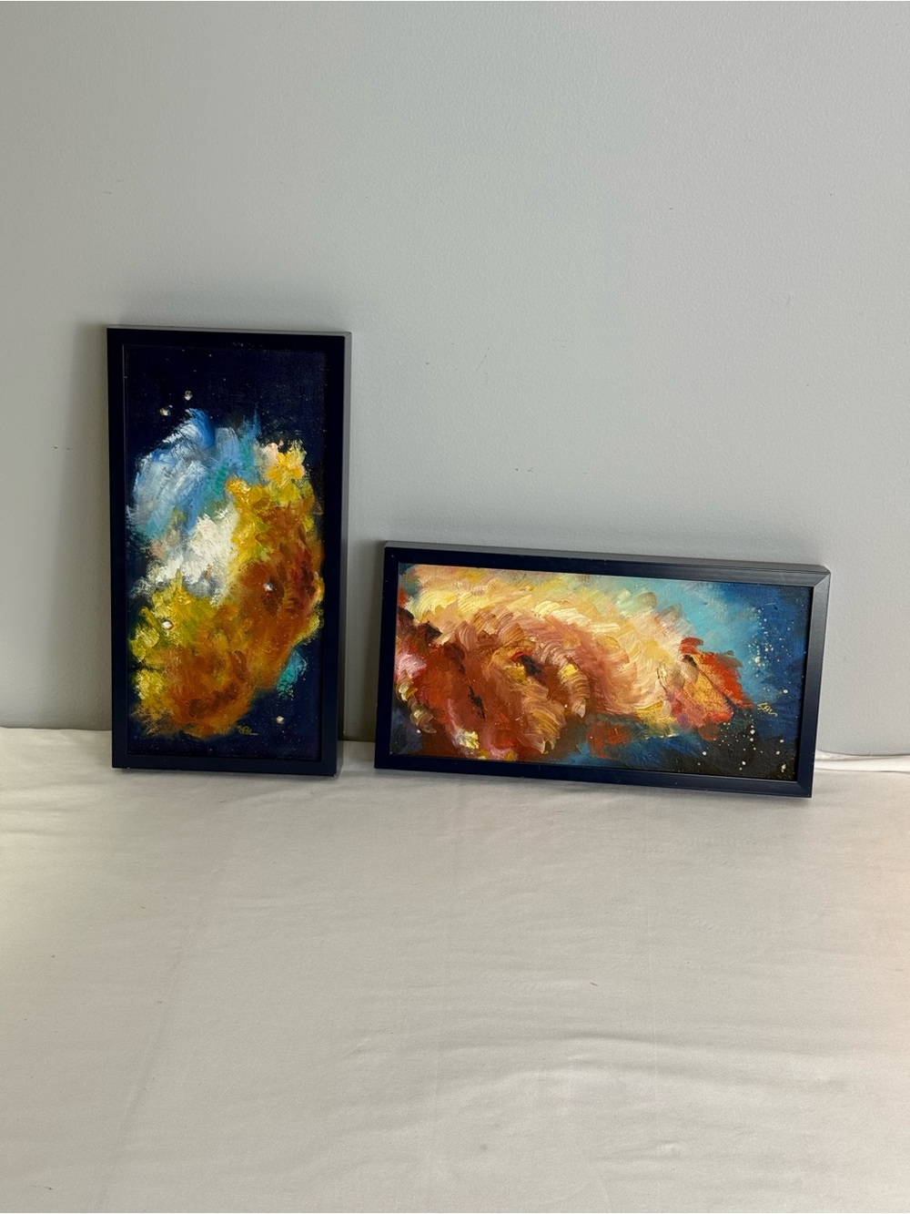 Bold Cosmic Vibrant Abstract Set Of 2 Signed Original Paintings Blues Oranges